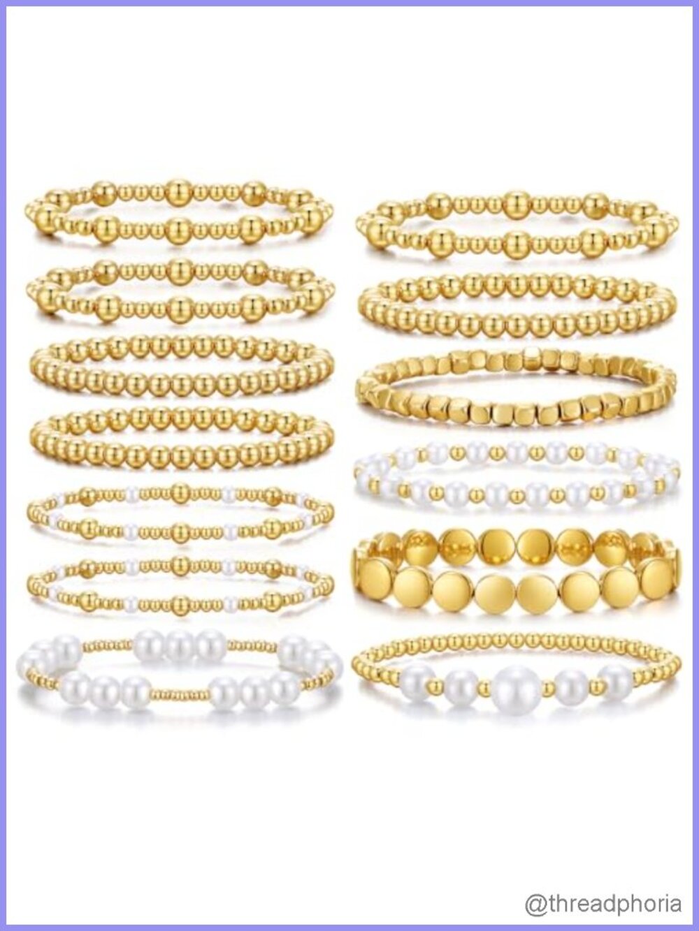 13-Piece Gold Beaded Stretch Bracelet Stack, Faux Pearls, Hypoallergenic